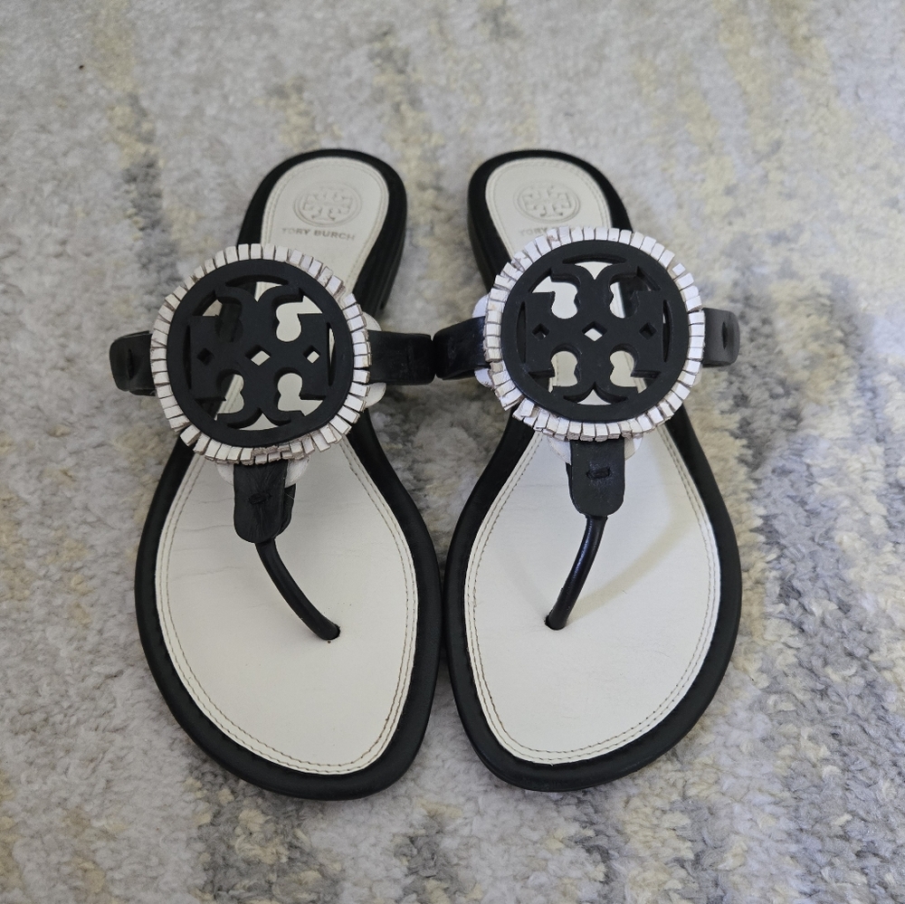 Tory Burch Black and White Fringe Miller Sandals